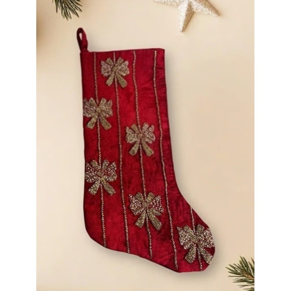 Christian Siriano Luxury Red Velvet 22" Gold Beaded Bows Christmas Stocking glam